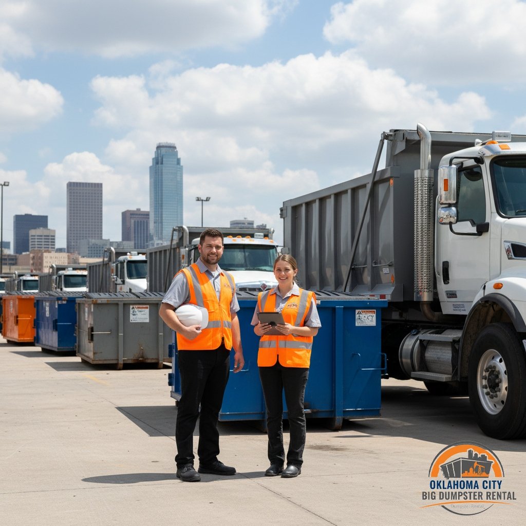 Our Professional Team in Safety Vests in front of Oklahoma City Dumpsters